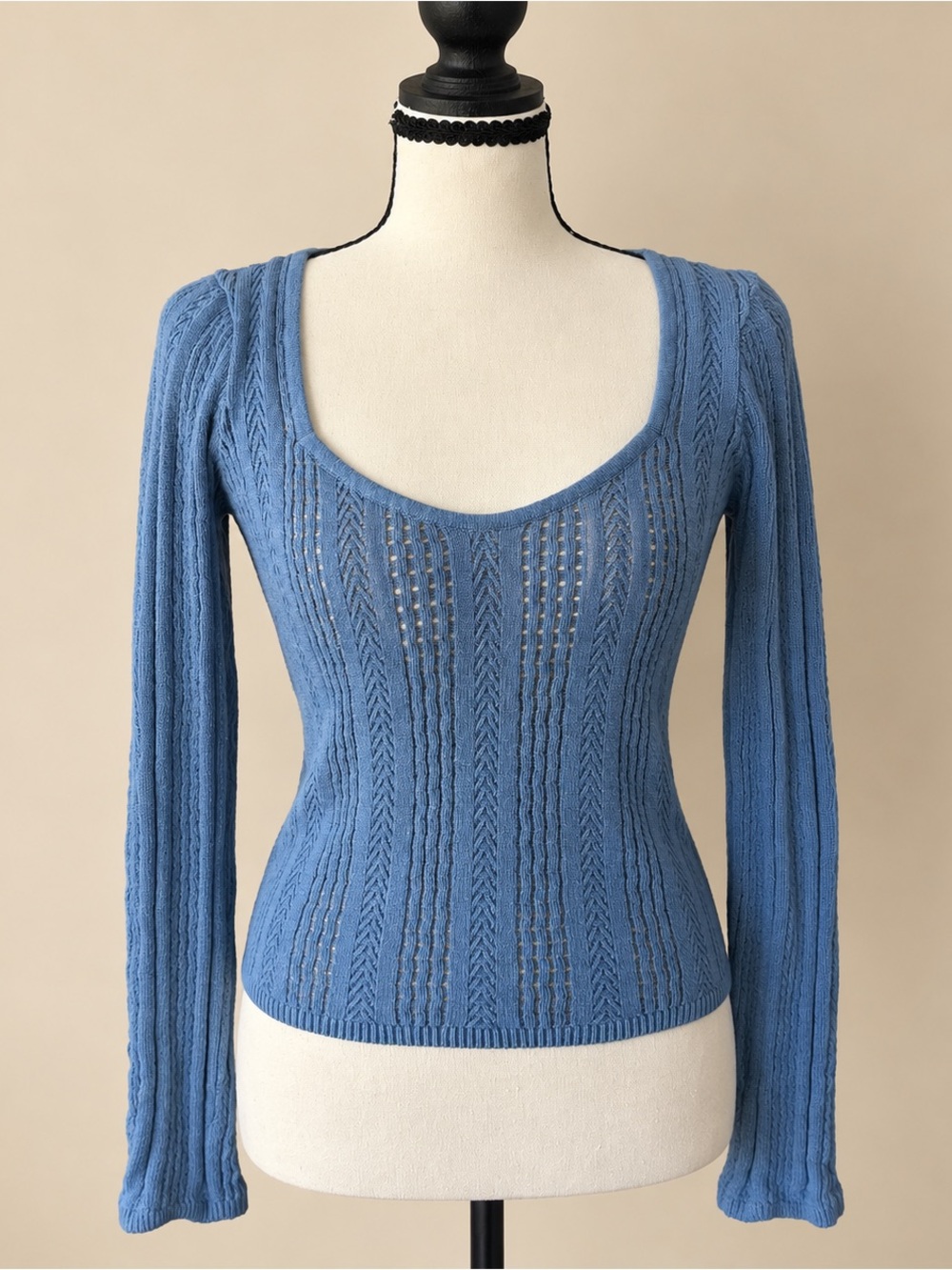 Y2K Coquette BalletCore Hollister Blue Rib Knit Scoop Neck Sweater S